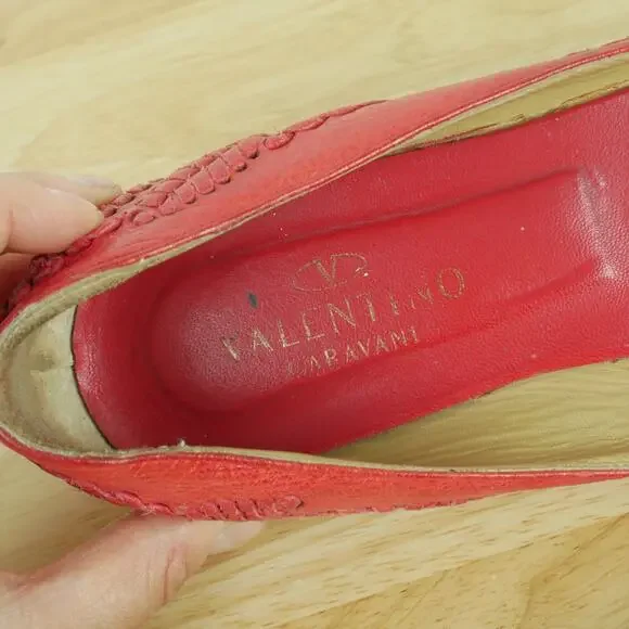 Valentino Garavani 38 Shoes Slip On Ballet Flats Peep Toe Red Leather Luxury - Picture 3 of 16